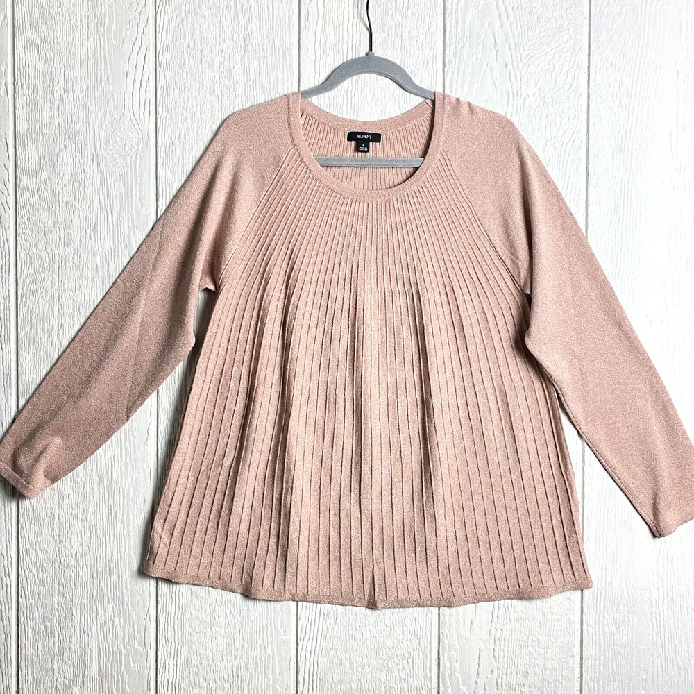 Alfani Woman's Sweater SZ M‎ Champagne Speckled Scoop Neck Ribbed Knit Pullover